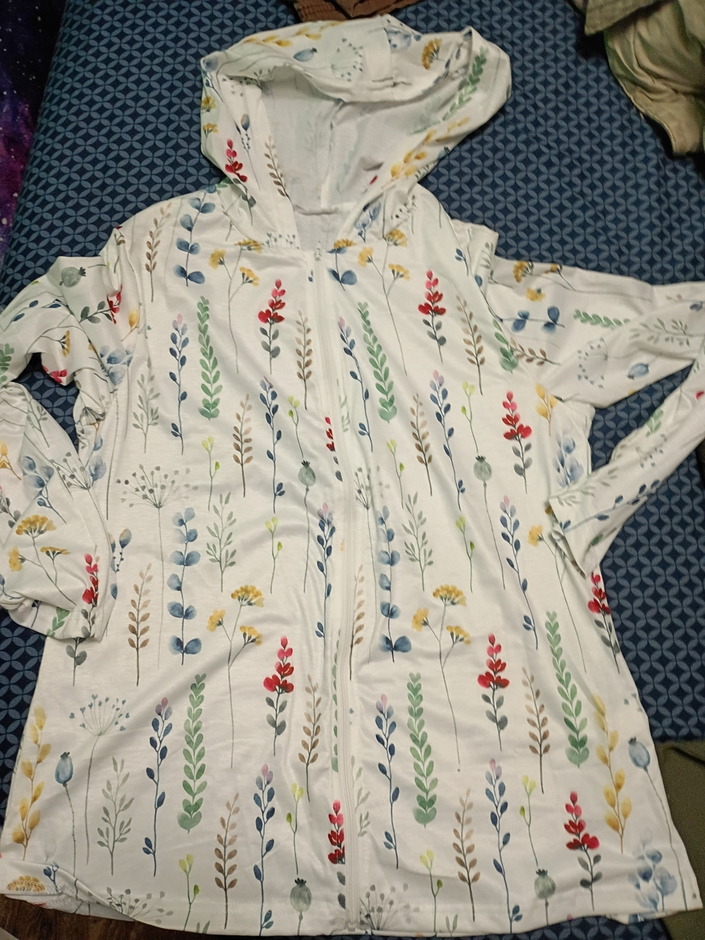 White Floral Zip Hoodie with Multicolor Botanical Print